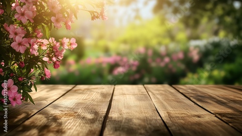 Wooden surface adorned with delicate pink blossoms, softly lit by golden sunlight, revealing tranquil garden depth behind