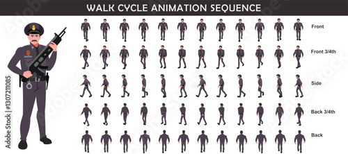 Police Officer Character walk cycle animation sequence. Front walk frame by frame animation sprite sheet.