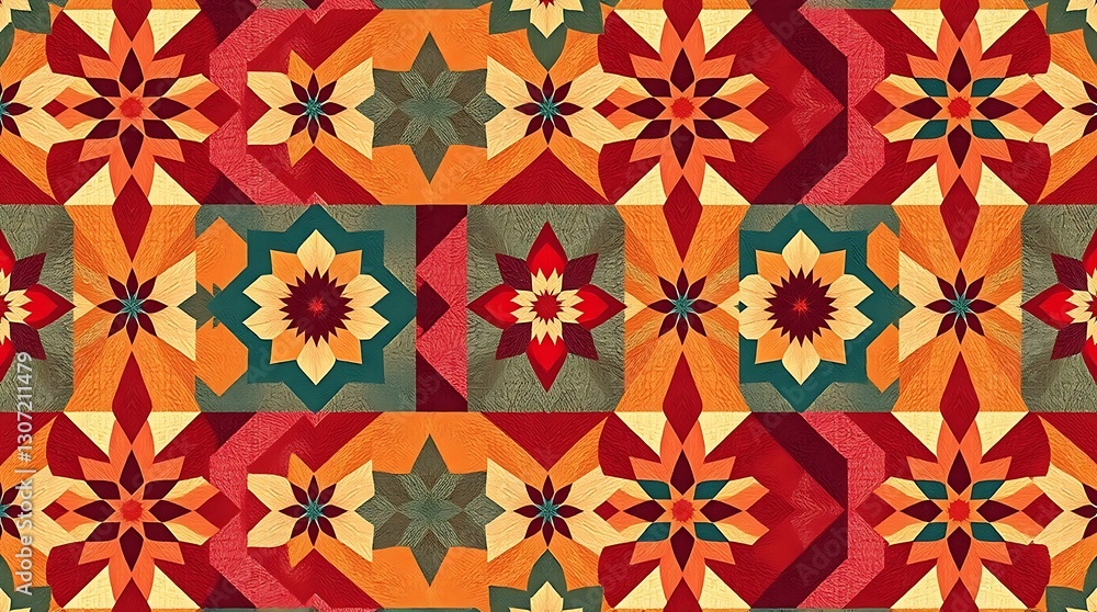 Geometric Textile Pattern: Warm-toned geometric textile pattern with repeating design of stars and flowers, perfect for fabric design, wallpaper, or background. Geometric Textile Pattern: Warm-toned geometric textile pattern with repeating design of stars and flowers, perfect for fabric design, wallpaper, or background.