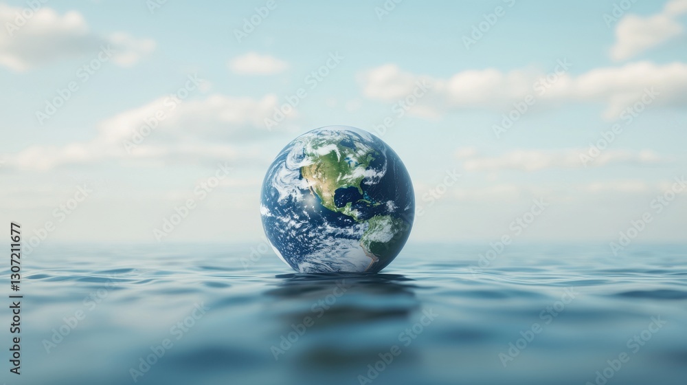 Stunning Realistic Earth Floating in Calm Ocean Waters Under Bright Blue Sky with Soft Clouds Stunning Realistic Earth Floating in Calm Ocean Waters Under Bright Blue Sky with Soft Clouds