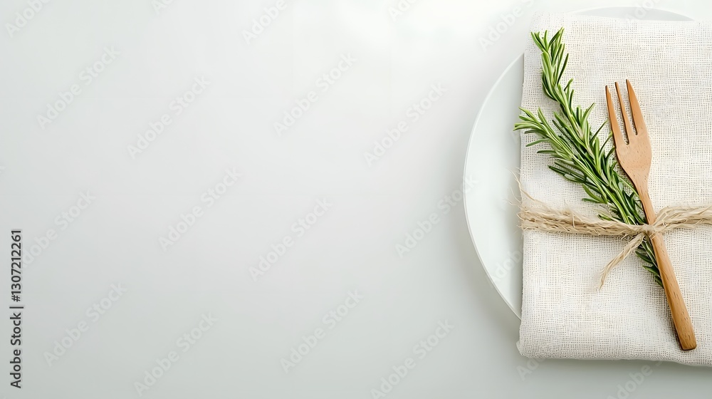 Elegant Table Setting with White Plate, Napkin, Wooden Fork, and Green Herb for Culinary Presentation or Dining Experience Elegant Table Setting with White Plate, Napkin, Wooden Fork, and Green Herb for Culinary Presentation or Dining Experience