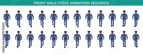 Police Officer Character walk cycle animation sequence. Front walk frame by frame animation sprite sheet.