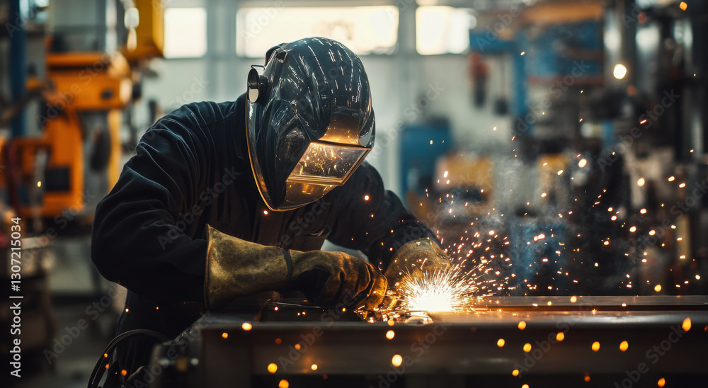 A skilled worker performs welding in an industrial environment, creating sparks amidst various machinery and tools A skilled worker performs welding in an industrial environment, creating sparks amidst various machinery and tools