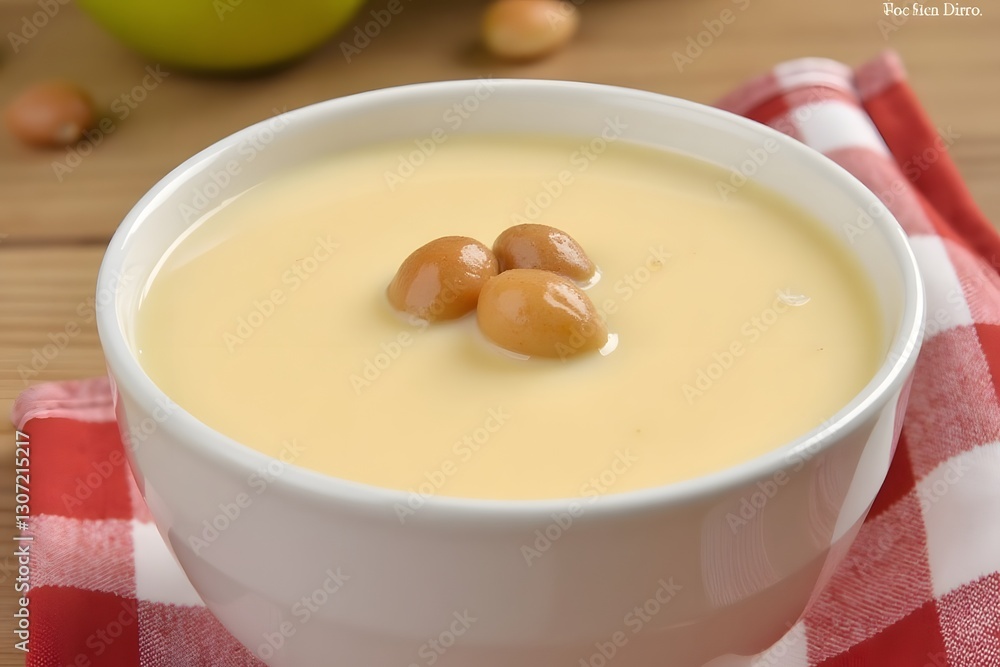 Creamy corn soup with corn kernels in white bowl on red checkered cloth Creamy corn soup with corn kernels in white bowl on red checkered cloth