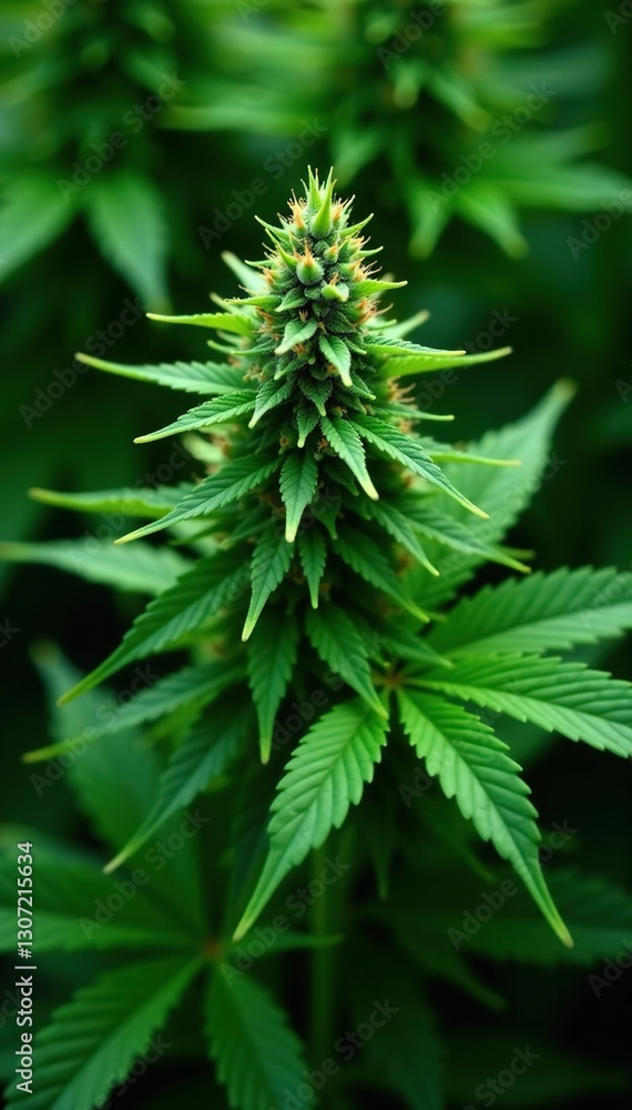 Foliage of cannabis plant with green leaves and buds, foliage, nature Foliage of cannabis plant with green leaves and buds, foliage, nature