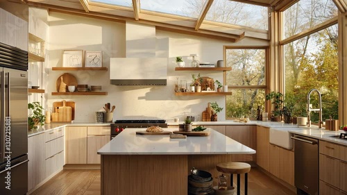 Modern kitchen interior design featuring wooden cabinets, large island, and abundant natural light for stylish home atmosphere.