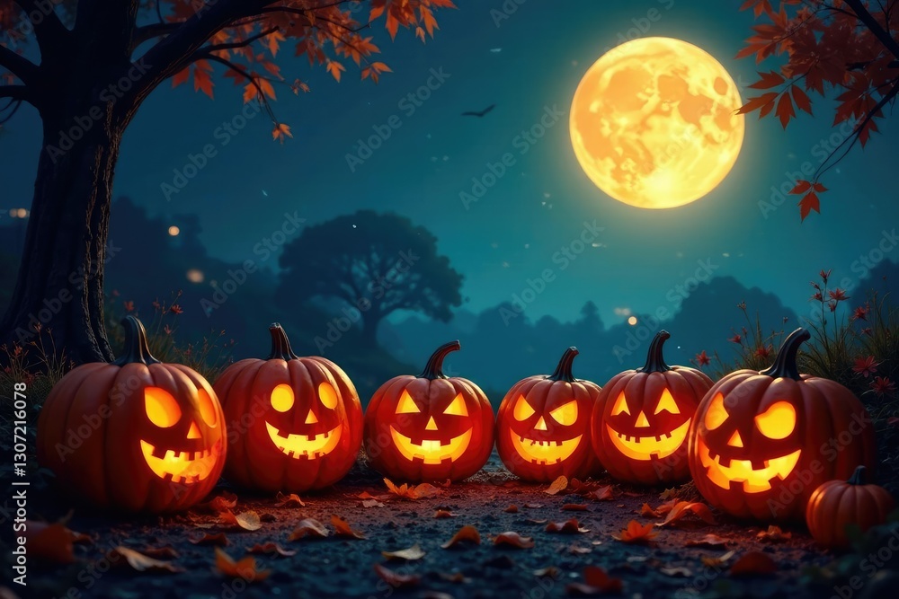 Dark spooky pumpkins gather around glowing jack o lanterns, Ghosts, Moonlight, Autumn Leaves Dark spooky pumpkins gather around glowing jack o lanterns, Ghosts, Moonlight, Autumn Leaves