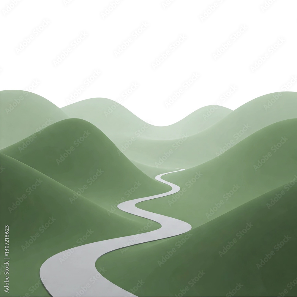 Obraz premium A single dirt path winds through nature on a white background. The path is surrounded by beautiful plants and trees. The environment is calm and quiet, reflecting the beauty of nature in the grassland
