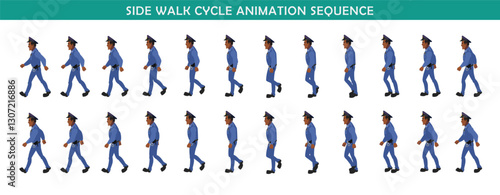 Police Officer Character walk cycle animation sequence. Front walk frame by frame animation sprite sheet.