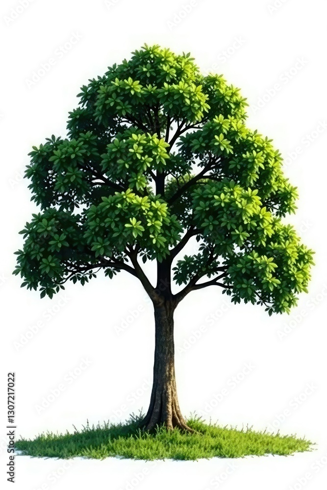 Dense foliage surrounding single majestic tree on white background, solitude, landscape, serenity Dense foliage surrounding single majestic tree on white background, solitude, landscape, serenity