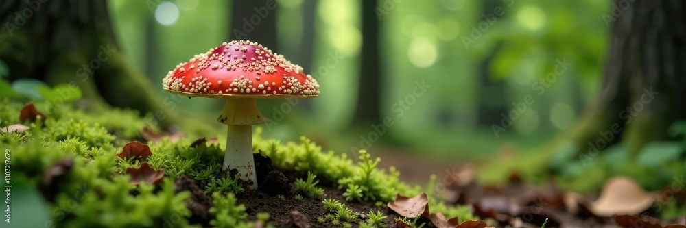 Fly agaric on forest ground with forest trees, biology, fungi