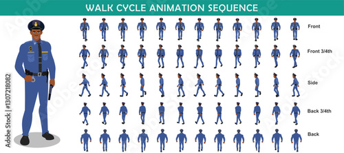 Police Officer Character walk cycle animation sequence. Front walk frame by frame animation sprite sheet.
