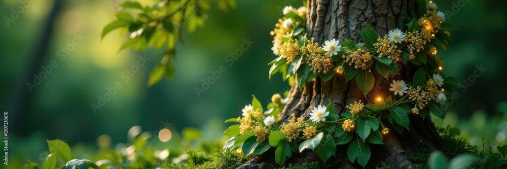Gold and silver garland wrapped around the tree, flowers, green, gold Gold and silver garland wrapped around the tree, flowers, green, gold