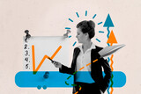 Sketch image trend artwork montage photo collage of businesswoman show graphics plan paper plane professional arrow up grow success