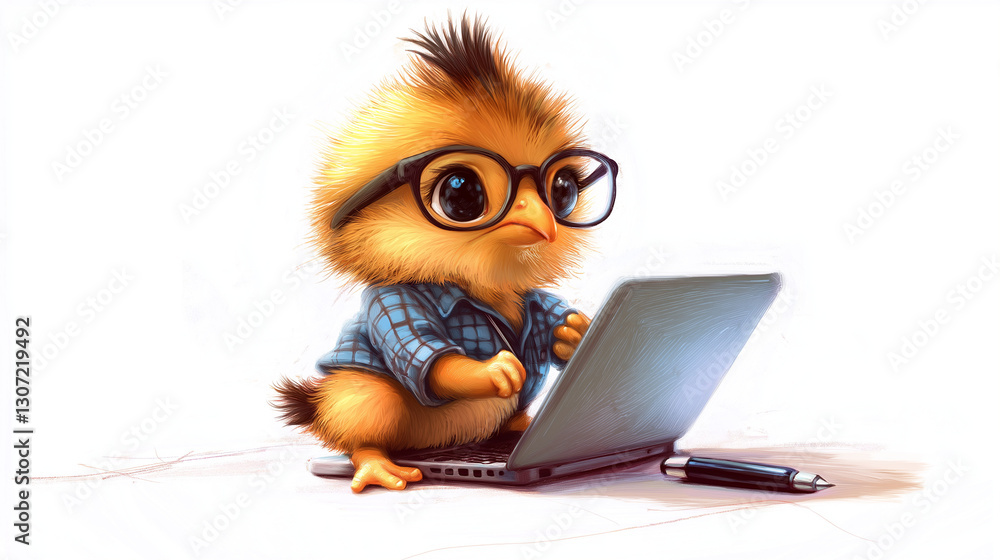 Obraz premium A baby pygmy chick wearing a shirt and glasses, holding a laptop isolated on white background Generated AI Illustration.
