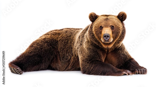 Brown bear resting on white background in a relaxed pose, showcasing its powerful physique and beautiful fur