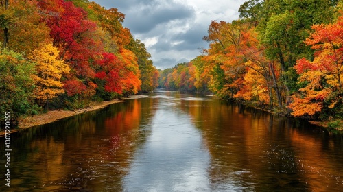 Picturesque autumn river landscape reflecting the vibrant foliage colors on a cloudy day