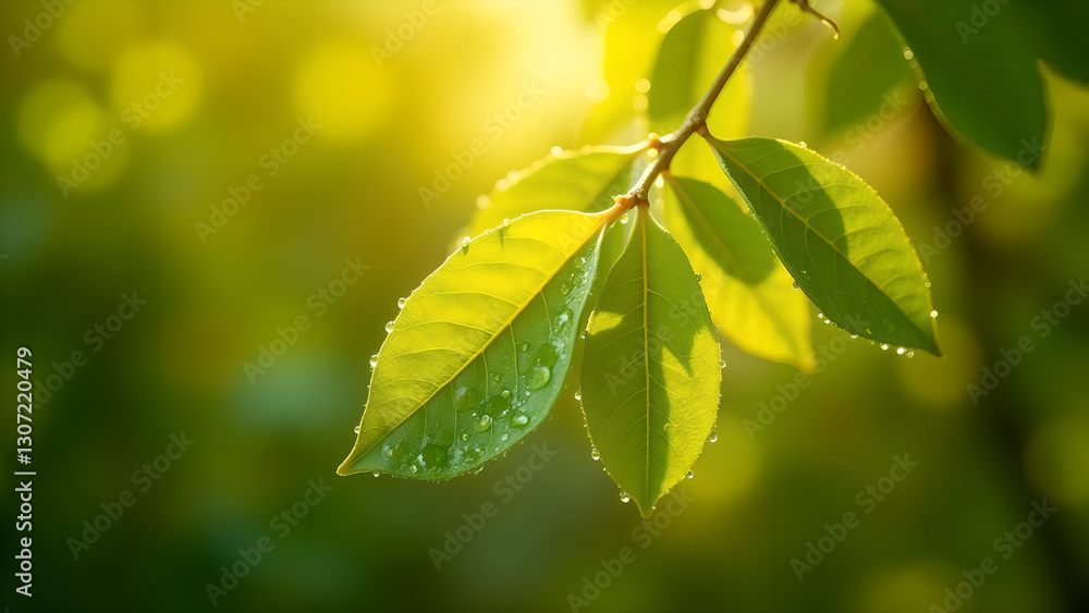 Green Leaves with Water Droplets in Sunlight Green Leaves with Water Droplets in Sunlight