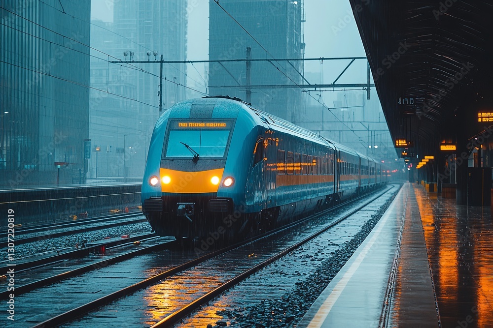 Naklejka premium On a rainy day, the blue train arrives at the station. Generative Ai