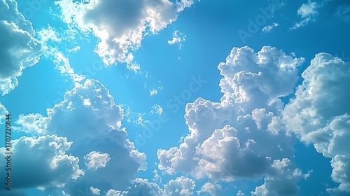Sunny sky, fluffy clouds, bright sunlight, summer day, nature background