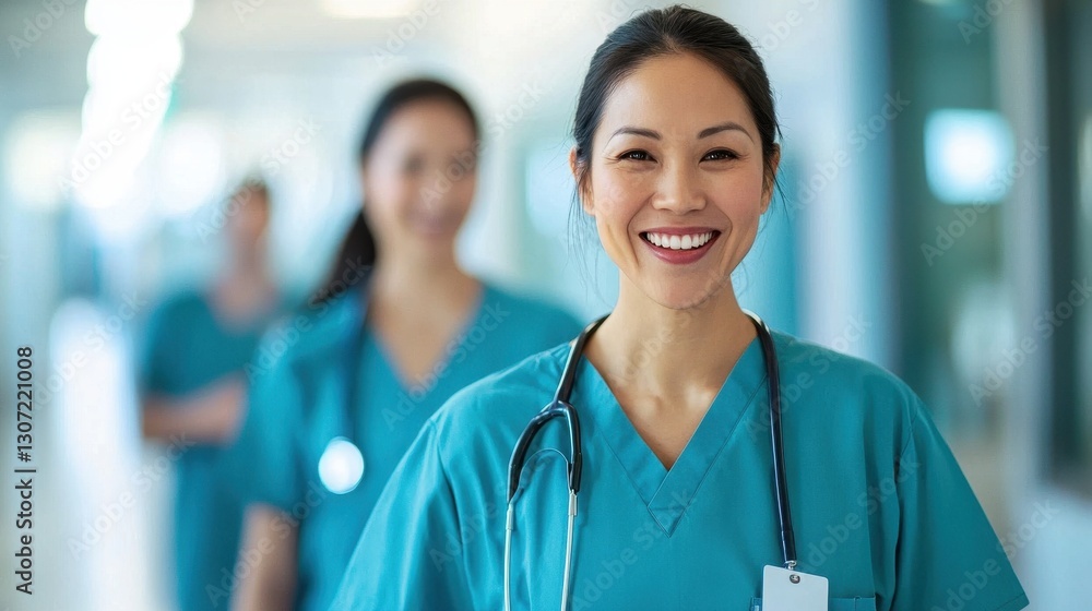 Smiling healthcare professional in scrubs with stethoscope walking in hospital corridor, teamwork and care Smiling healthcare professional in scrubs with stethoscope walking in hospital corridor, teamwork and care