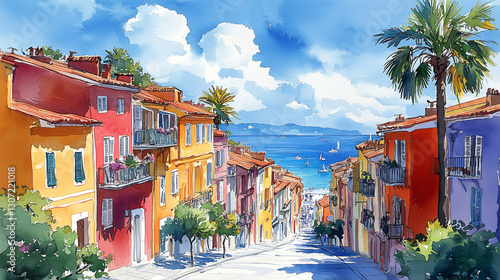  Beautiful watercolor illustration with French street in the old town