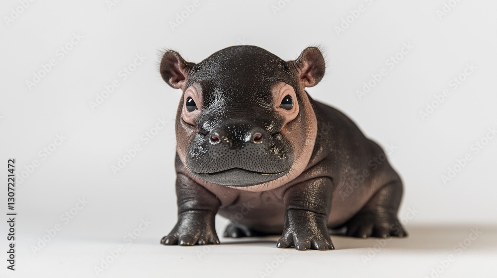 Fototapeta premium A baby pygmy hippotamus wearing a shirt and glasses, holding a laptop isolated on white background Generated AI Illustration.