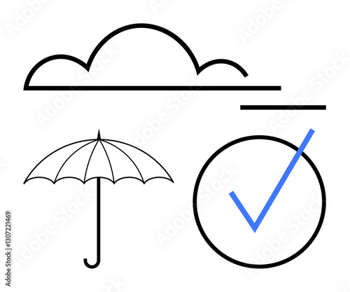 Cloud outline connects to umbrella and checkmark elements expressing safety, reliability, assurance. Ideal for insurance, weather, compliance, approval, secure data, protection flat simple metaphor