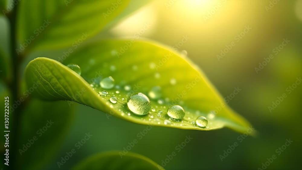 Water Droplets Adorn a Vibrant Green Leaf Water Droplets Adorn a Vibrant Green Leaf