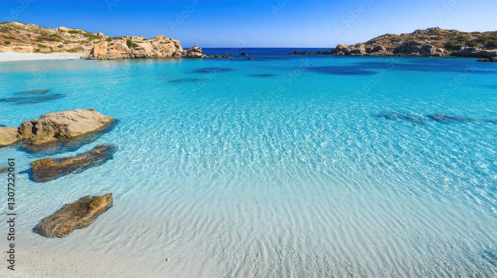 Obraz premium A serene coastal scene featuring crystal-clear turquoise waters, gentle waves, and rocky shorelines under a bright blue sky.