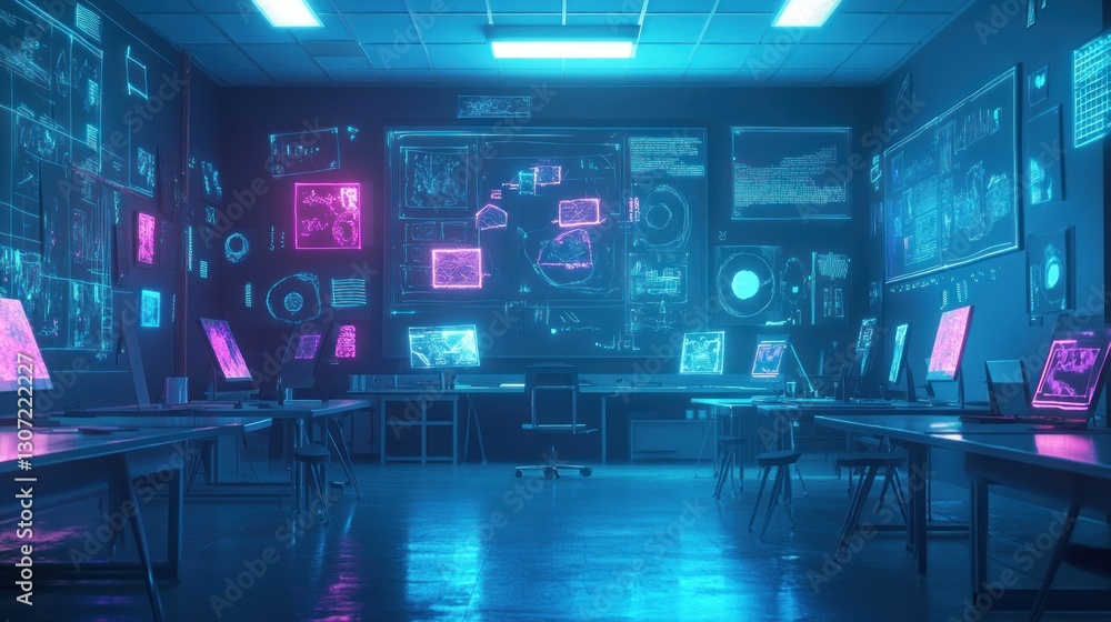 Futuristic control room; data analysis; neon; night Futuristic control room; data analysis; neon; night