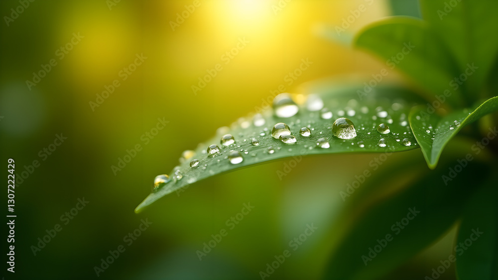 Fototapeta premium Fresh Dew Drops on Leaf, Nature in Detail View