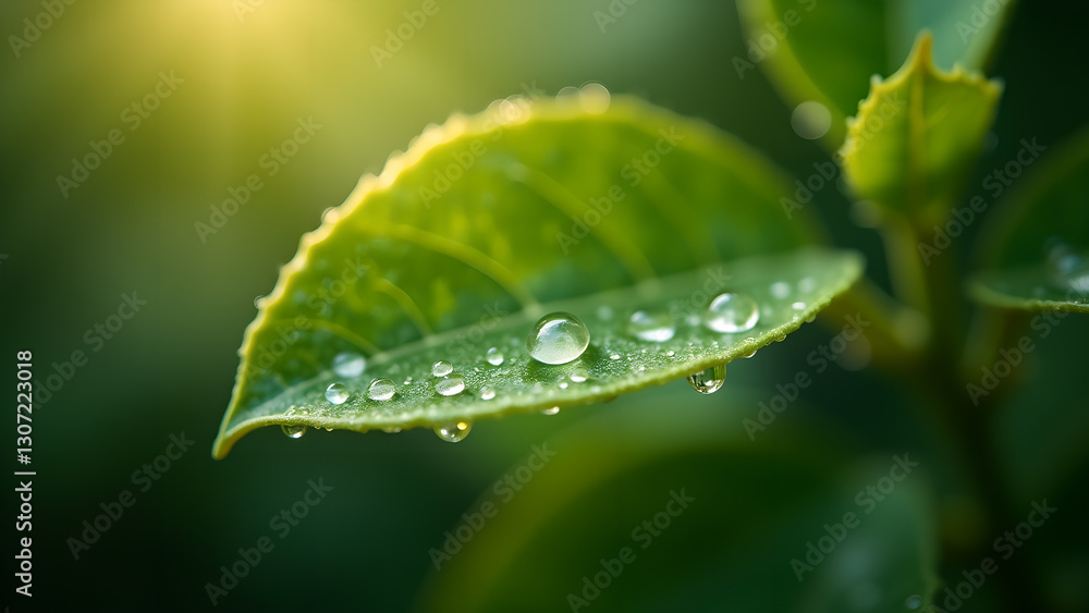 Fresh Green Leaf with Water Droplets Macro Shot Fresh Green Leaf with Water Droplets Macro Shot