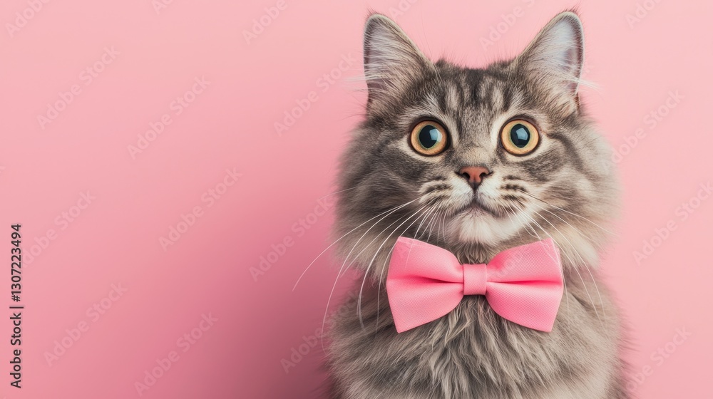 Charming and Playful Cat Wearing a Pink Bow Tie Against a Soft Pink Background Charming and Playful Cat Wearing a Pink Bow Tie Against a Soft Pink Background