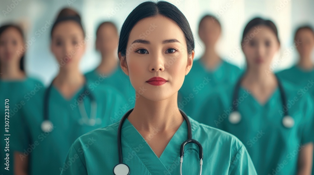 Confident Female Doctor Leading a Team of Medical Professionals in Scrubs with Stethoscopes in a Hospital Setting Confident Female Doctor Leading a Team of Medical Professionals in Scrubs with Stethoscopes in a Hospital Setting