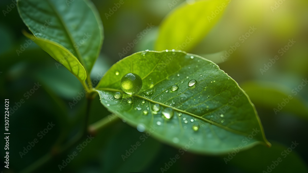 Fototapeta premium Water Droplets on Green Leaf Macro Photography