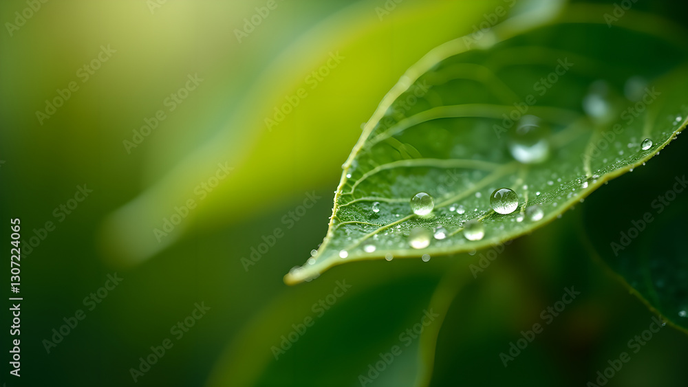 Water Droplets Adorn a Vibrant Green Leaf Water Droplets Adorn a Vibrant Green Leaf