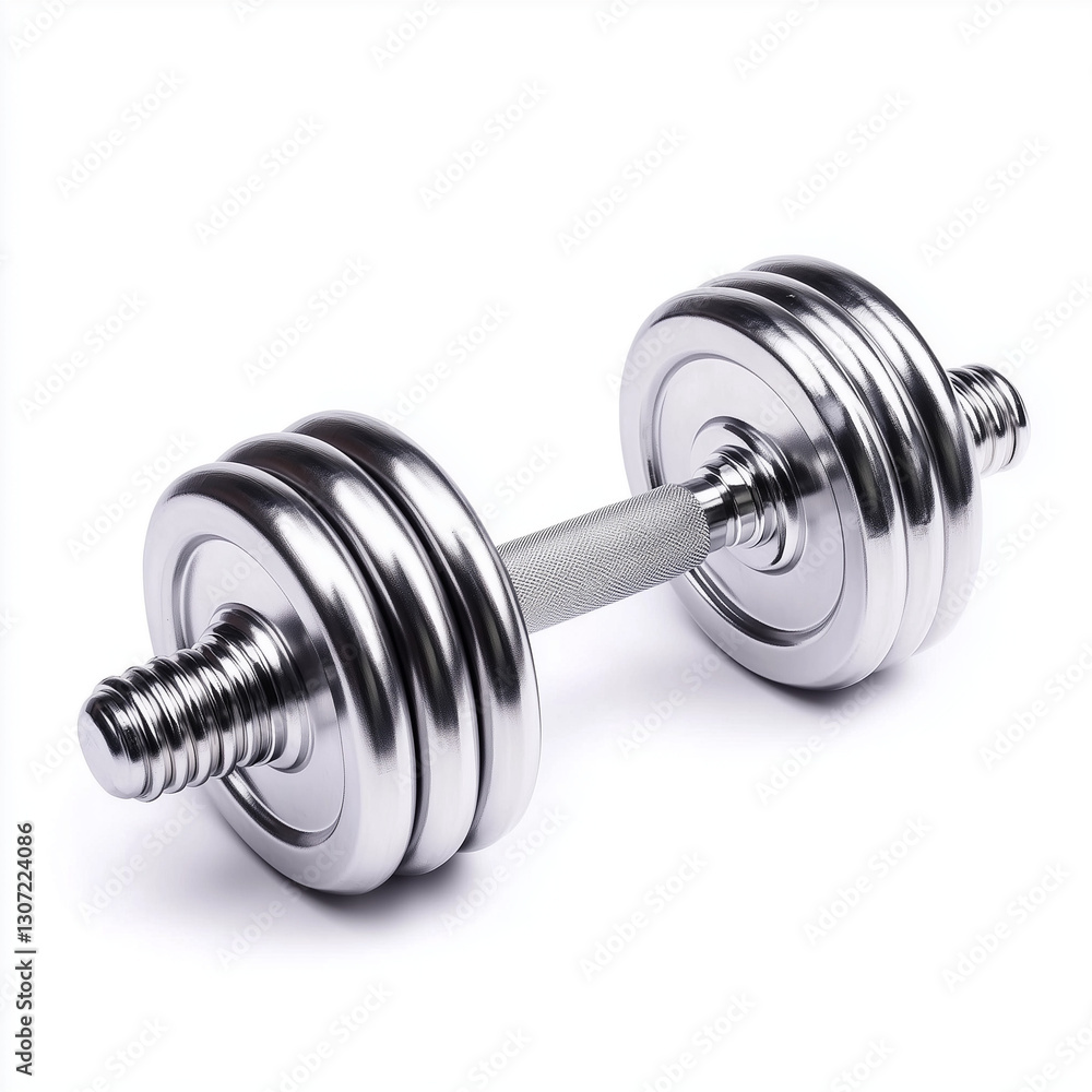 A pair of chrome dumbbells with a textured grip handle on white background A pair of chrome dumbbells with a textured grip handle on white background