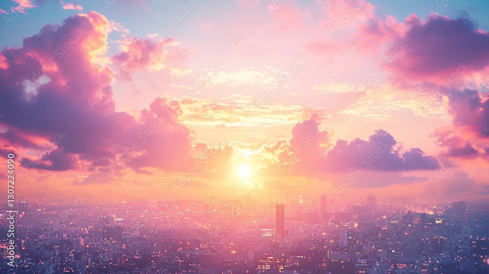 Obraz premium Vibrant sunset over a city skyline with pink and orange clouds.