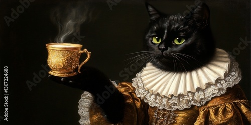 Sophisticated Feline with Beverage: An elegant black cat, dressed in regal attire, delicately holds a cup of a warm beverage, exuding an air of sophistication.