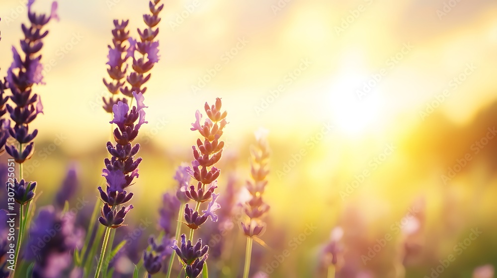 Obraz premium Soft Golden Sunset Over Lavender Field with Purple Blooms Against a Beautiful Sky