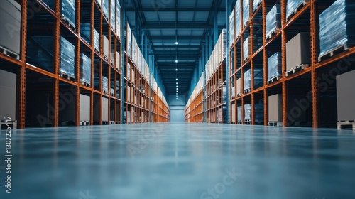 Vast Warehouse with Tall Shelving Units and Storage Pallets in a Clean and Organized Environment