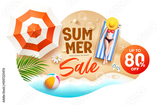 Summer sale, Beach umbrella, Woman sunbathing on sand beach, poster flyer design background, Eps 10 vector illustration