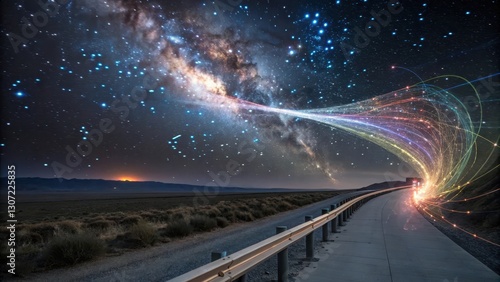 A cosmic road leading to a colorful galaxy with vibrant trails of light.