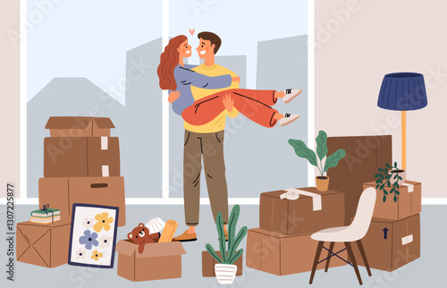 Young happy couple moved into new home. Boxes heap. Man and woman relocating. Cardboard containers delivery for relocation. Unpacking interior items. Family housewarming. Vector concept