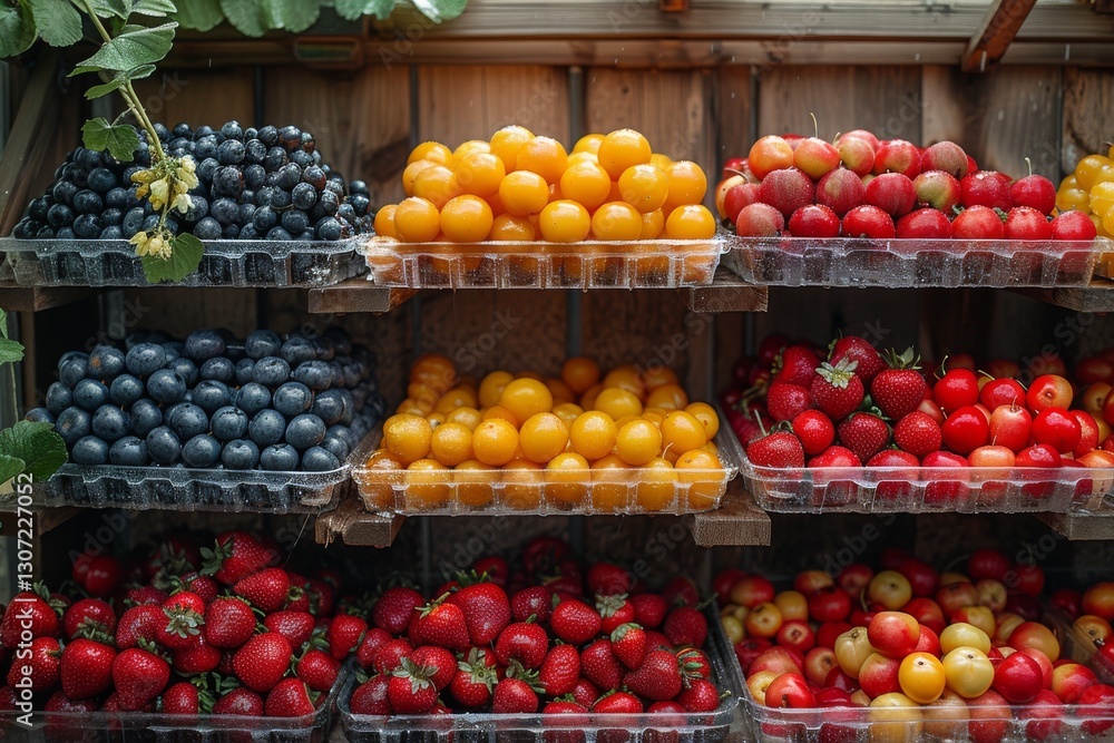A beautifully arranged gradient of strawberries, blueberries, apricots, plums flowing from red to orange to yellow, set against a backdrop of green plants in an organic market. A beautifully arranged gradient of strawberries, blueberries, apricots, plums flowing from red to orange to yellow, set against a backdrop of green plants in an organic market.