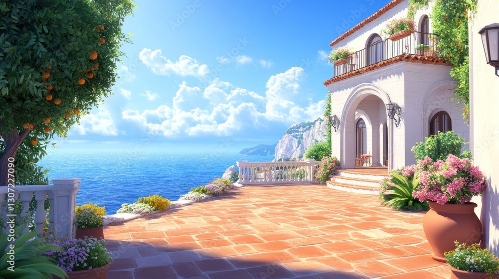 Fototapeta premium Mediterranean villa patio, ocean view, sunny day, coastal cliff background, vacation rental