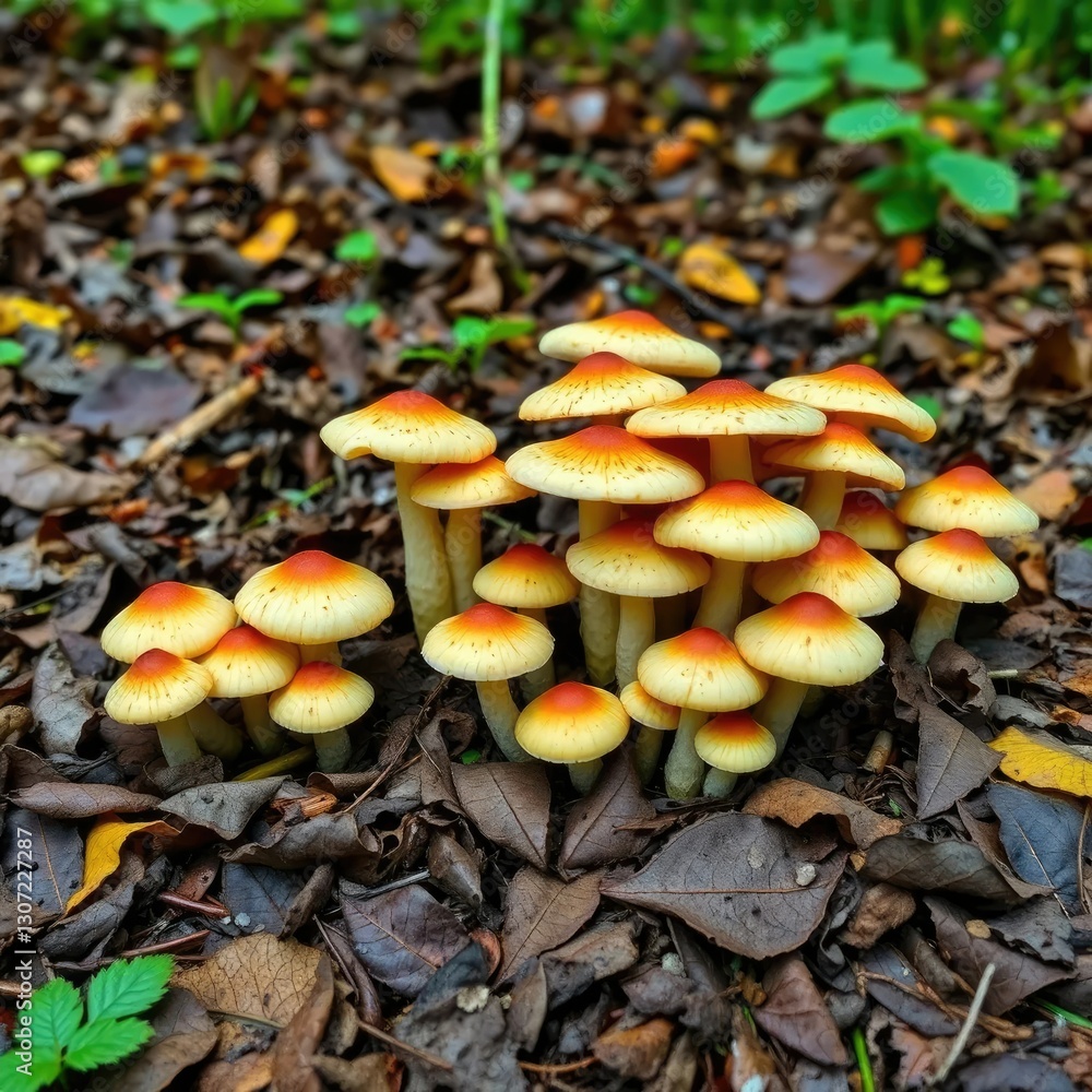 Clusters of funnel-shaped caps growing on the forest floor amidst leaf litter, fungal colonies, woodland fungi Clusters of funnel-shaped caps growing on the forest floor amidst leaf litter, fungal colonies, woodland fungi