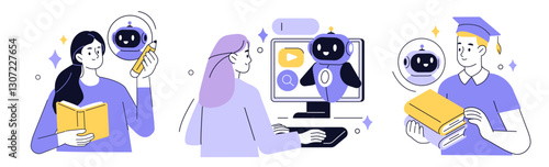 AI technology in education set. Robot assist teachers and students by lesson. Characters use artificial intelligence generative tools for learning, teaching, writing. Vector illustration.