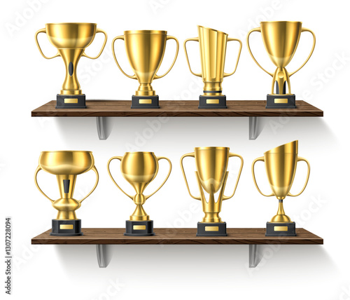 Wooden shelves with trophy cups. Golden glossy awards. 3D winner rewards on shelving. Interior rack at wall. First place. Championship achievement. Competition leader. Vector concept